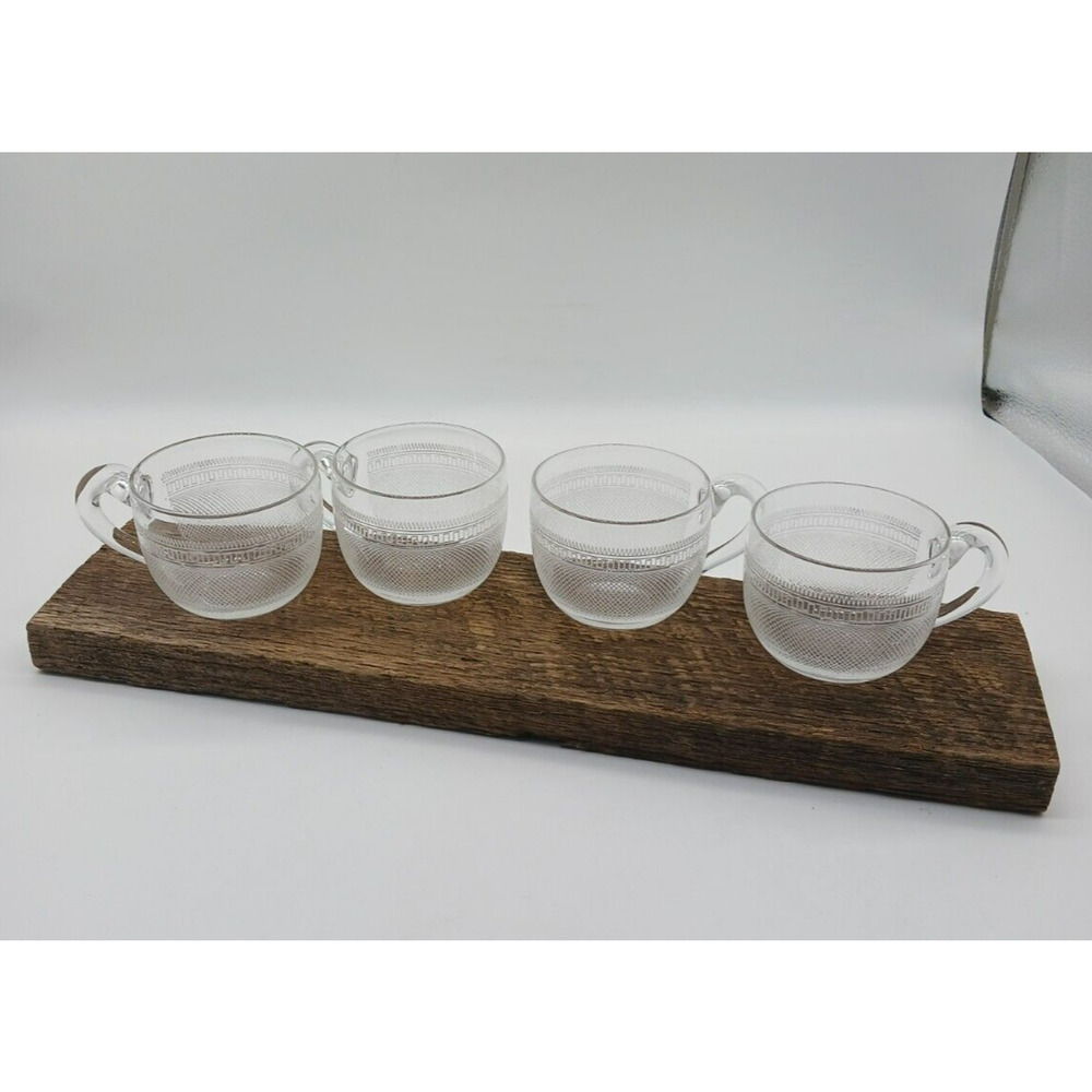 Set Lot of 4 Hand Blown Etched Clear Glass Punch Cups Glasses Flaws